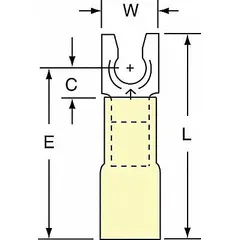 Yellow insulated locking fork terminal with heat shrink, part of the TH Series. Accommodates #8 stud size and 12 AWG to 10 AWG wire. Features a strain relief barrel style for secure connections in control panels and power distribution.