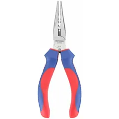 These 6 in needle-nose pliers feature serrated jaws with a 2 in jaw length and 1/8 in tip width for precision gripping in confined spaces. An integrated crimper allows for wire termination tasks. Typical applications include electrical work, HVAC, and general maintenance where access is limited.