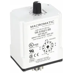 Socket-mounted time delay relay with single-function timing, rated for 240V AC and 10 A. Features 11 pins/terminals for connection. Used in industrial control panels to delay or sequence electrical operations, such as in HVAC, conveyor systems, and pump controls.