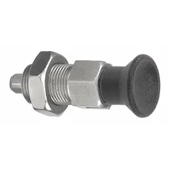 This locking pull-knob indexing plunger features an 18-8 stainless steel body and a 400 series stainless steel plunger. It has an M20x1.5 thread and includes a jam nut for secure installation. Used for precise positioning and locking of machine components such as rotary tables, fixtures, and sliding mechanisms in industrial automation and assembly operations.