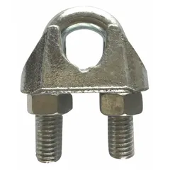 Cast malleable iron U-bolt clip for forming eyes or loops at the end of wire rope. Silver finish. Compatible with 1/8 in rope diameter; 3 1/4 in rope turnback length. Used in rigging, lifting, and towing applications.
