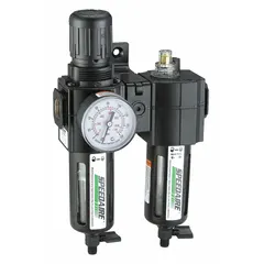 This FRL unit combines a filter, regulator, and lubricator in one assembly for compressed air systems. It delivers 60 cfm flow at up to 150 psi, with a 40-micron filter element and mist-type lubrication. Typical applications include pneumatic tools, cylinders, and valves in industrial settings.