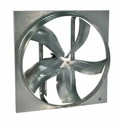Unassembled belt-drive panel exhaust fan with a 24-inch blade, designed for air flows from 6,039 to 10,002 cfm depending on the motor. Features a stamped steel frame with a zinc-plated finish. Supplied without intake guards or a drive package. Suitable for high-volume air movement in industrial and commercial spaces.