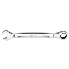This 18 mm metric 12-point ratcheting combination wrench features a chrome vanadium steel construction with a chrome finish. The ratcheting box end allows for faster fastener turnover without repositioning, suitable for tightening and loosening fasteners in confined spaces.