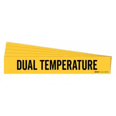 Yellow adhesive pipe markers with black legend text reading 'Dual Temperature'. Each marker fits pipe outer diameters of 8 inches and larger. Pack of 5 markers without arrows. Used to identify piping systems that carry both hot and cold media in industrial plants, HVAC, and process facilities.