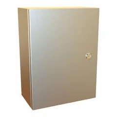 This HAMMOND enclosure is fabricated from 304 stainless steel with a hinged cover secured by a 1/4-turn latch. It measures 16 x 12 x 6 inches and is rated NEMA 12/13/3R/4/4X for indoor or outdoor use where corrosion resistance, dust exclusion, and watertight sealing are required. Knockouts are not included.