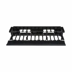 This 2U horizontal finger-style cable manager is designed for single-side cable routing within equipment racks. Made of black plastic with an overall depth of 6 1/4 inches, it organizes cables and maintains proper bend radius to reduce strain. Suitable for use in data centers and network closets.