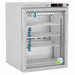 This undercounter pharmacy refrigerator provides 5.2 cu ft of storage capacity with a temperature range of 1°C to 10°C. It features a right-opening swing glass door, uses R-600a refrigerant, and includes a temperature alarm. Suitable for storing temperature-sensitive medical supplies in clinical or pharmacy settings.