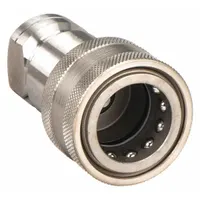 This ISO B Series hydraulic quick-connect coupling body from PARKER features a 3/4"-14 Female NPTF thread and is constructed from 303 stainless steel with a nitrile seal. It is used for quick connection and disconnection of hydraulic lines in fluid power systems, enabling tool-free coupling in industrial hydraulic and high-pressure fluid transfer applications