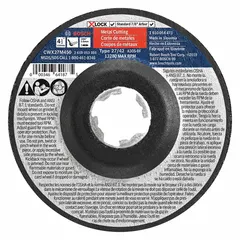 This BOSCH depressed center cut-off wheel is designed for general-purpose cutting of carbon and stainless steel. The 30-grit aluminum oxide construction provides effective material removal in metal fabrication, maintenance, and repair tasks. Part of the X-LOCK series, it features a Type 27 design with a 4-1/2" diameter, 0.098" thickness, and 7/8" arbor hole.
