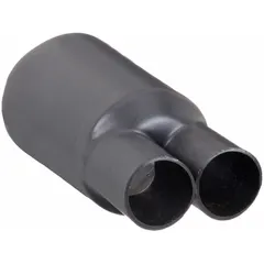 Black heat shrink breakout boot with 1.2 in inner diameter before shrinking and 0.6 in after shrinking. Used to protect and seal cable splices and terminations where multiple cables branch from a single jacket, providing strain relief and environmental sealing in electrical installations.