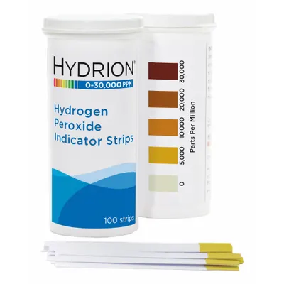 HYDRION Test Strips: Hydrogen Peroxide, 0 to 30,000 ppm Hydrogen Peroxide, Strip - Single-Parameter Test Strips