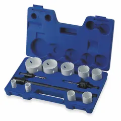 This 12-piece hole saw kit features bi-metal construction with 4/6 teeth per inch for cutting wood, metal, and plastic. Maximum cutting depth is 1-1/2 inches. Suitable for general maintenance, electrical, and plumbing applications.