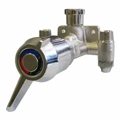 Point-of-use mixing valve with 1/2 in inlet and outlet connections, type IPS x Sweat. Includes wall mounting flange for secure installation. Used to blend hot and cold water to a consistent temperature at a single fixture.