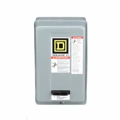 This enclosed non-reversing starter from SQUARE D is designed for controlling and protecting three-phase motors. It features a NEMA Size 00 contactor rated at 9 A, a 240V AC coil, and three poles. The unit requires three melting alloy thermal units (not included) for overload protection and includes screw clamp terminals. Suitable for applications such as conveyors, pumps, compressors, and fans.