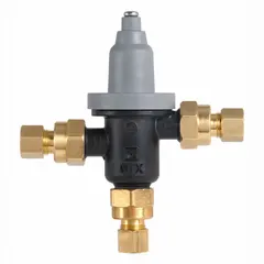This point-of-use thermostatic mixing valve blends hot and cold water to a consistent outlet temperature. It has a 3/8 in outlet connection size. Typical applications include commercial washrooms and handwashing stations where temperature control is required.