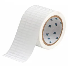 Polyester label roll with permanent adhesive, sized 2 61/64 in x 13/64 in and 13/64 in x 21/32 in. Compatible with BBP12 printer series. Used for industrial identification, asset tags, cable markers, and component labels.