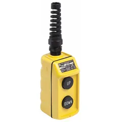 This push-button pendant features two normally open push buttons with Up/Down legend, housed in a thermoplastic enclosure rated NEMA 1/3/3R/4/4X. It has a dead-end hub style and an AC contact rating of 5 A at 600 V. Typical applications include remote control of cranes, hoists, and overhead material handling equipment.