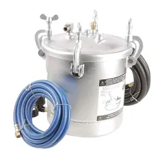 Steel paint pressure tank with 2.5 gal capacity and maximum operating pressure of 50 psi. Includes one regulator with gauge. Used to supply paint or coatings to spray guns in finishing applications.
