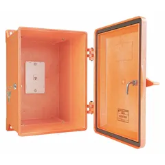 Orange plastic weatherproof phone enclosure rated NEMA 4X for corrosion resistance. Includes modular jack and key-lock door. Designed for wall telephones and pole mounting. Suitable for outdoor or industrial environments requiring a weatherproof telephone.