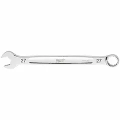 This 27 mm metric 12-point combination wrench is constructed from steel with a chrome finish for corrosion resistance. With an overall length of 14-3/8 inches, it provides leverage for tightening and loosening fasteners in general industrial maintenance and assembly tasks.
