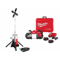 This cordless band saw kit includes two batteries and one charger. It features a tripod design for hands-free operation, a 44 7/8-inch blade length, and a maximum cutting length of 5 inches. Suitable for cutting metal, pipe, and conduit in construction and fabrication applications.