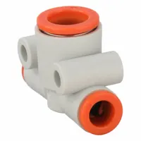 This push-fit tee fitting is made of polybutylene terephthalate in white. It has three ports: two 1/4 in OD and one 3/8 in OD. Used to branch pneumatic tubing lines in compressed air or vacuum circuits