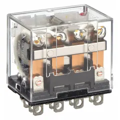 OMRON LY Series 4PDT relay with 10 A current rating at 240V AC. Square base with flat pins, plug-in mounting, and quick-connect terminals. Suitable for general-purpose switching in industrial control panels and automation systems.