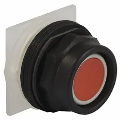 This flush-mount push-button operator from the SCHNEIDER 9001SK series features a red non-metallic actuator with momentary action. Designed for 30 mm panel mounting, it is suitable for control panel applications such as machine start, stop, or reset functions in industrial environments.
