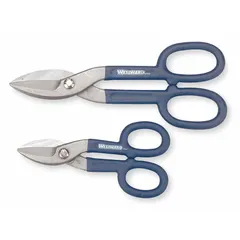 This set includes two straight-cutting tinner snips with overall lengths of 7 in and 10 in, and cutting lengths of 2 in and 1 3/4 in respectively. The blades are made of steel, and the handles are plastic. These snips are used for cutting sheet metal in applications such as ductwork, flashing, and general metalworking.