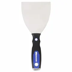 Putty knife with stainless steel blade and handle made of polypropylene, TPR, and steel. Designed for applying and smoothing fillers, adhesives, and sealants in industrial maintenance and fabrication settings.