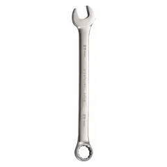 Alloy steel combination wrench with satin finish and offset design. 12-point box end and open end for 26 mm fasteners. Overall length 13 5/8 in. Used for tightening or loosening bolts and nuts in machinery and equipment maintenance.