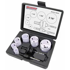 This 8-piece hole saw kit features bi-metal construction with 4/6 teeth per inch for cutting wood, metal, and plastic. Maximum cutting depth is 1-1/2 inches. Suitable for general maintenance, electrical, and plumbing applications.