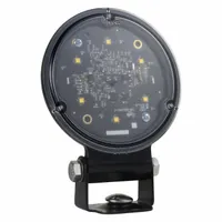 Round LED floodlight for vehicle applications requiring wide-area illumination. Black housing with hardshell electrical connection. 4 3/8 in overall diameter. ECE compliant