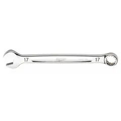 This metric 12-point combination wrench has a 17 mm head size and an overall length of 8-3/4 inches. The chrome finish resists corrosion. It is used for tightening and loosening metric fasteners in assembly, maintenance, and repair tasks.