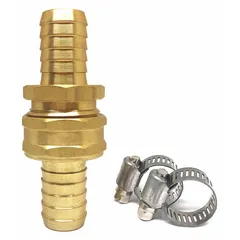 This rigid garden hose mender is used to repair damaged or leaking hoses by connecting two ends. It features a 3/4 in x 3/4 in NH x NH male x female fitting, suitable for 5/8 in hose I.D. The coupling restores water flow without replacing the entire hose.
