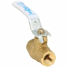 This brass ball valve features a straight body with 1/4 in FNPT x FNPT connections and a full port ball port for minimal flow restriction. The locking lever handle provides manual on/off control and can be secured in position. Suitable for use in water, oil, and gas piping systems requiring a compact shut-off valve.