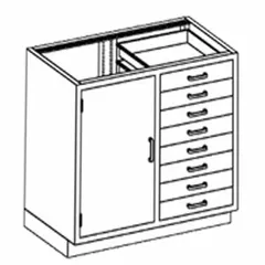 Wall-mounted stainless steel base cabinet with 8 drawers. Overall width 35 in, depth 22 in. Suitable for laboratory, cleanroom, and food-processing environments requiring corrosion-resistant storage.