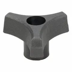 This 3-arm knob features a plastic body with a steel thread insert and a 3/8"-16 threaded through-hole. The 2.02 in diameter knob is used for manual clamping, positioning, and adjustment on industrial machinery, jigs, and fixtures.