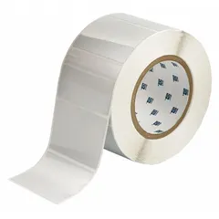 This precut label roll measures 3 13/64 inches by 2 inches and is made of metalized polyester with metal-detectable properties. It is designed for use with Brady THT printer series. Typical applications include industrial labeling in environments where metal contamination must be avoided, such as food processing and pharmaceutical facilities.