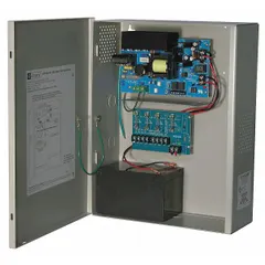 The ALTRONIX AL1012ULXPD4 is a power supply board with a steel enclosure, operating on 115V AC input and providing 12VDC at 10A output. It includes four fuses for individual output circuit protection. This unit is used to supply regulated DC power for access control systems, security panels, and industrial automation equipment.