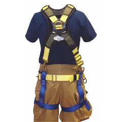 NFPA Class III full-body harness constructed with nylon webbing and aluminum hardware. Features a sliding back D-ring, front D-ring, and side D-rings with pass-through leg and shoulder strap buckles. Waist adjusts from 44 to 56 inches. Yellow color. Meets NFPA 1983-2012 57AF standards. Suitable for fall arrest and rescue applications.