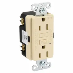 Duplex GFCI receptacle rated 125V AC, 15 A, 2 Pole / 3 Wire, Type 5-15 in Ivory. Provides ground-fault circuit interruption for personnel protection. Suitable for use in standard electrical installations requiring GFCI protection in areas such as kitchens, bathrooms, and outdoor locations.