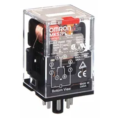 Plug-in relay with octal base and round pins. DPDT contacts rated 10 A. Coil voltage 24V DC, operating current 5 A at 30V DC resistive load. Suitable for general switching in control panels and automation systems.