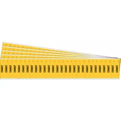 Yellow adhesive pipe markers with yellow legend reading 'Exhaust' for identifying exhaust pipes. Each pack contains 28 markers, fitting pipes with an outside diameter of 3/4 inch and smaller. Markers are supplied without directional arrows.