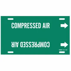 Green strap-on pipe marker with white legend reading 'Compressed Air' and directional arrows. Fits pipe outer diameters of 10 to 15 inches. Used to identify compressed air lines in piping systems, aiding in visual communication of pipe contents and flow direction.