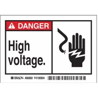 Adhesive-mounted Danger: High Voltage sign for electrical hazard identification. Suitable for application on equipment, panels, or walls in industrial and commercial settings. Non-retroreflective, non-glow-in-the-dark vinyl material. Pack of 5 signs, each 3 1/2 in x 5 in nominal size