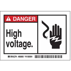 Adhesive-mounted Danger: High Voltage sign for electrical hazard identification. Suitable for application on equipment, panels, or walls in industrial and commercial settings. Non-retroreflective, non-glow-in-the-dark vinyl material. Pack of 5 signs, each 3 1/2 in x 5 in nominal size.