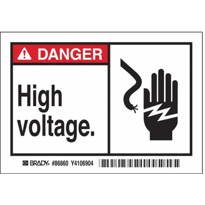 BRADY Danger: High Voltage Adhesive Sign, 3 1/2 in x 5 in, 5-Pack - Danger: High Voltage. Signs