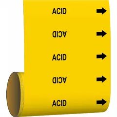 Yellow adhesive pipe marker with black legend 'Acid' and directional arrows. Designed for pipes with outer diameter of 2 inches or smaller. Supplied as a roll of 30 markers for on-site application. Used to identify pipes carrying acid in industrial facilities.